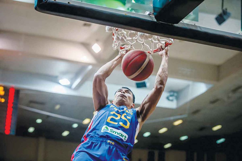 Gilas Pilipinas’ Japeth Aguilar pulls up a two-handed dunk after evading the defense of Jordan. (FIBA photo)