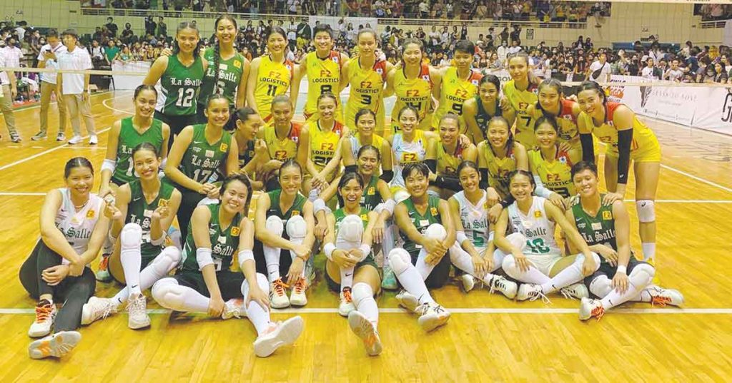 Members of De La Salle University Lady Spikers and F2 Logistics Cargo Movers pose for a picture during their friendly game at the University of St. La Salle Gym in Bacolod City. (Photo courtesy of F2 Logistics)