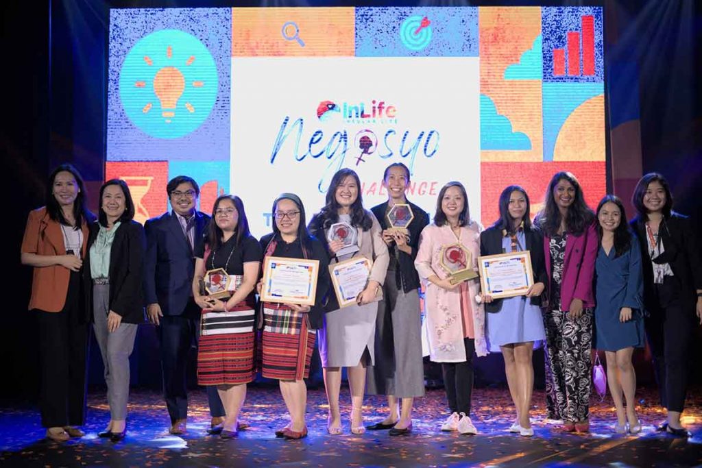 Winners all. The InLife Negosyo Challenge winners: 2nd runner-up Gina Tongpoen and Paula Bayao of HeySuccess Virtual Assistance Services, 1st runner- up Stephanie Naval of Empath Corporation, 2nd runner-up Czarina Carbonel of MAGWAI, and  Champion Noreen Bautista and Sharmaine Blas of Panublix Innovations Inc. (4th to 9th from left, respectively), are shown with program organizers and sponsors (from left) Insular Foundation Program Manager Tere Melad, Insular Foundation Executive Director Ana Maria R. Soriano, InBEST Ventures Managing Partner and Judge David Pangan, Villgro Philippines Co-founder & CEO Priya Thachadi, Villgro Philippines Program Associate for Gender & Inclusion Alyanna Supetran, and Insular Foundation Program Specialist Jaja Monsanto.