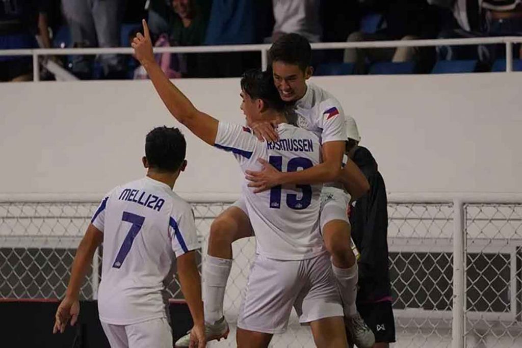 Sebastian Rasmussen (13) and his teammates celebrate their team (Azkals) 5-1 win over Brunei at the Rizal Memorial Stadium in Manila on December 23, 2022. (PFF Photo)