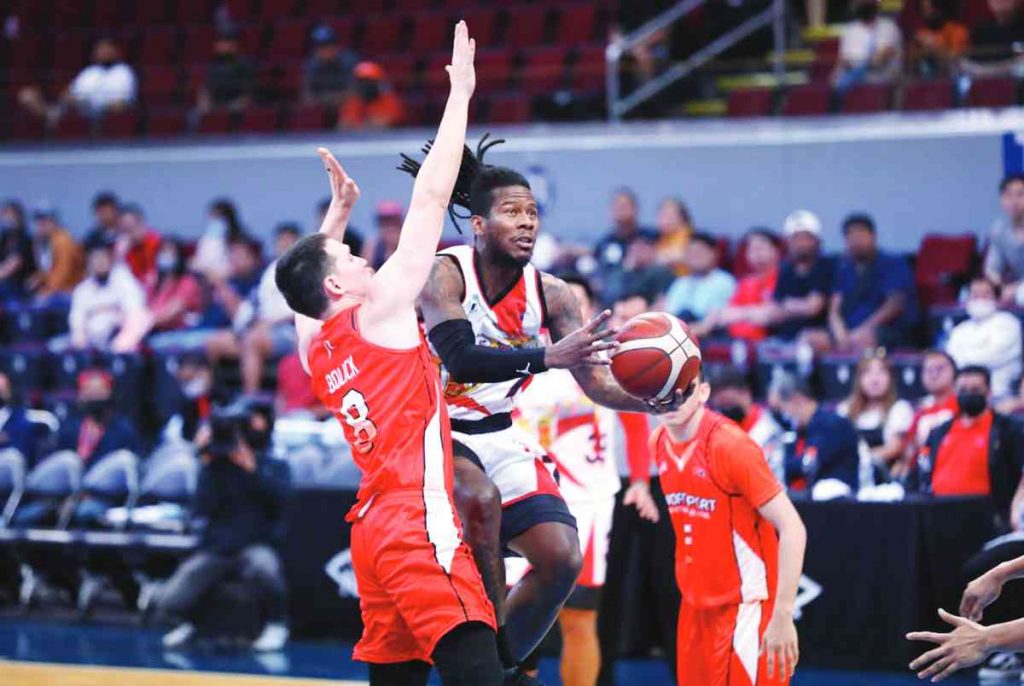 San Miguel Beermen’s Jaymar Perez scored against the defense of NorthPort Batang Pier's Robert Bolick, Jr. (PBA photo) 