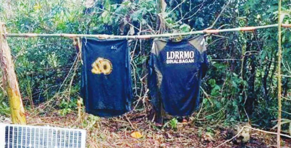 Photo shows a recovered Binalbagan Disaster Risk Reduction and Management Office shirt following a gun battle with the New People's Army at Barangay Oringao in Negros Occidental’s Kabankalan City over the weekend. There are several possibilities as to why the group has the shirt. (303rd Infantry Brigade photo)