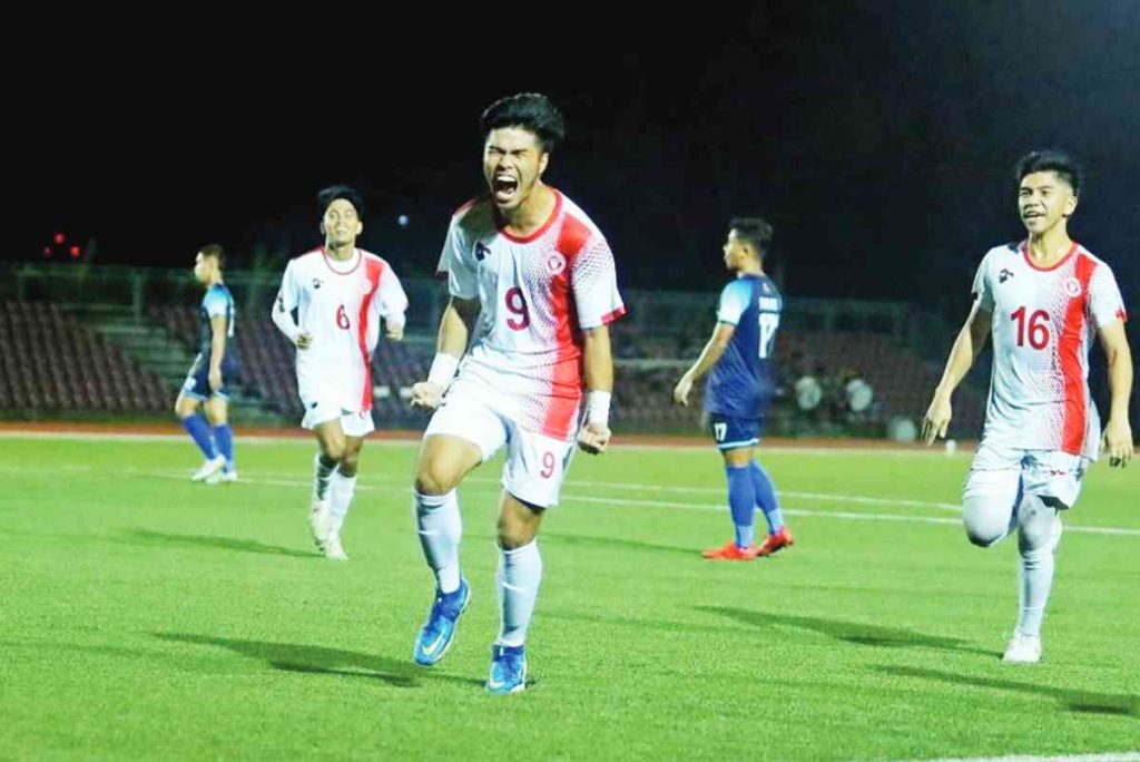 John Lester Carandang of the University of the East celebrates after scoring against Adamson University in the UAAP Season 85 men's football tournament. (UAAP Media photo)