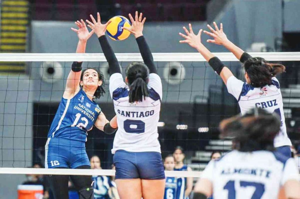 The National University Lady Bulldogs eked out a hard-earned triumph over Adamson Lady Falcons which almost ended their winning run in the UAAP Season 85 women’s volleyball tournament. (UAAP Media Bureau photo)