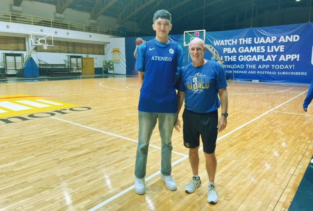 Negrense center Kobe Demisana with Ateneo de Manila University Blue Eagles head coach Thomas Baldwin during his campus visit yesterday, April 14, 2023. (Smart Sports photo)