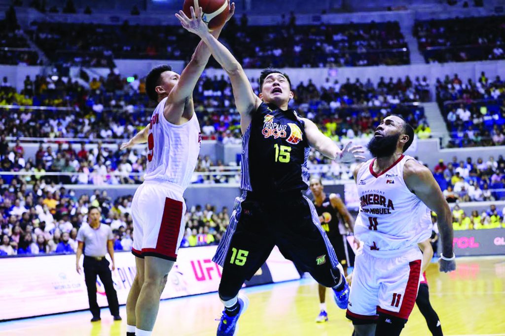 Bacolodnon Kib Montalbo of TNT Tropang Giga had his shot blocked by the defense of Barangay Ginebra San Miguel Kings’ Earl Scottie Thompson. (PBA photo)