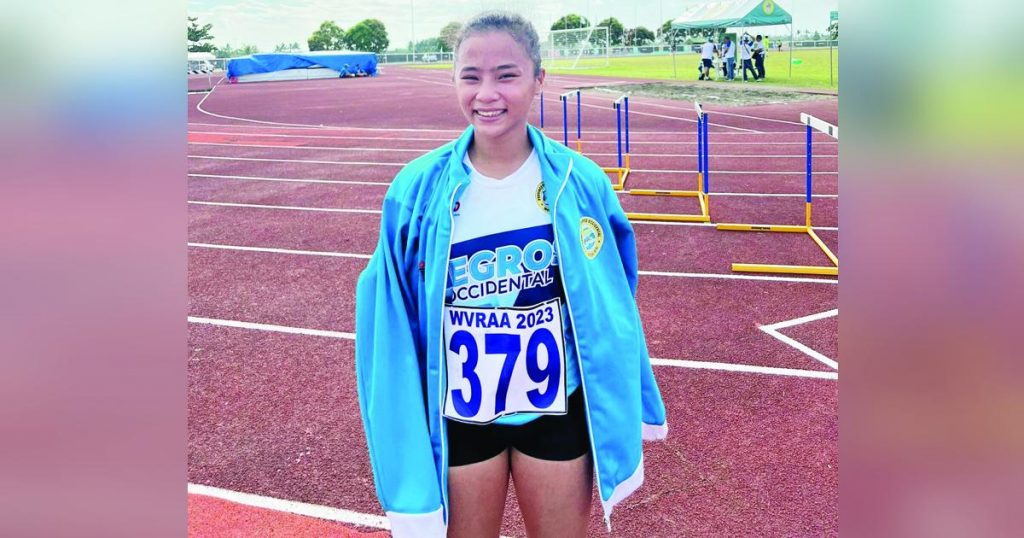 Bacolod Tay Tung High School athletics team’s Bianca Juliana Seroy rules the secondary girls’ triple jump event with her 11.03-meter leap in the 2023 Western Visayas Athletic Association Meet. (Photo courtesy of Che Guevarra)