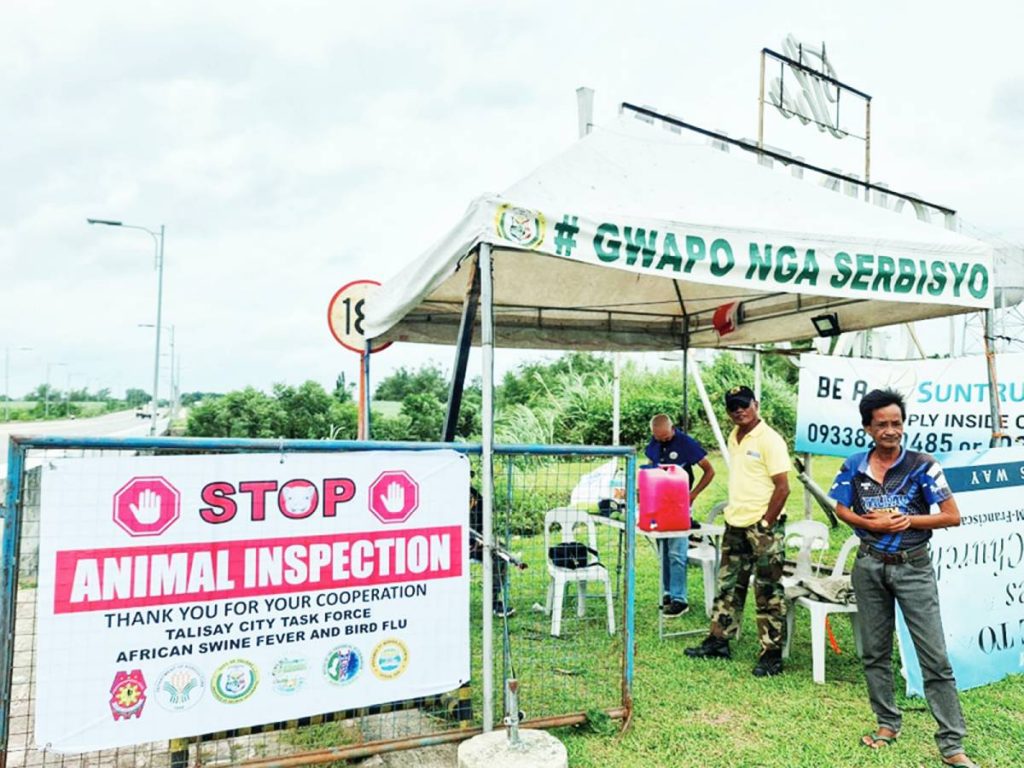 Photo shows one of the eight border checkpoints in Negros Occidental’s Talisay City is established to prevent pork and pork products from entering the city unless a veterinary certificate is presented that the shipment is negative for African swine fever. (Aksyon Radyo Bacolod photo)