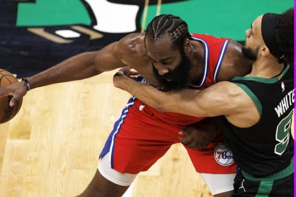 Boston Celtics guard Derrick White (right) defends Philadelphia 76ers guard James Harden during the first half of the Eastern Conference Semifinals playoff Game 1 at TD Garden in Boston, Massachusetts on Monday, May 1, 2023. (CJ Gunther/EPA-EFE photo)