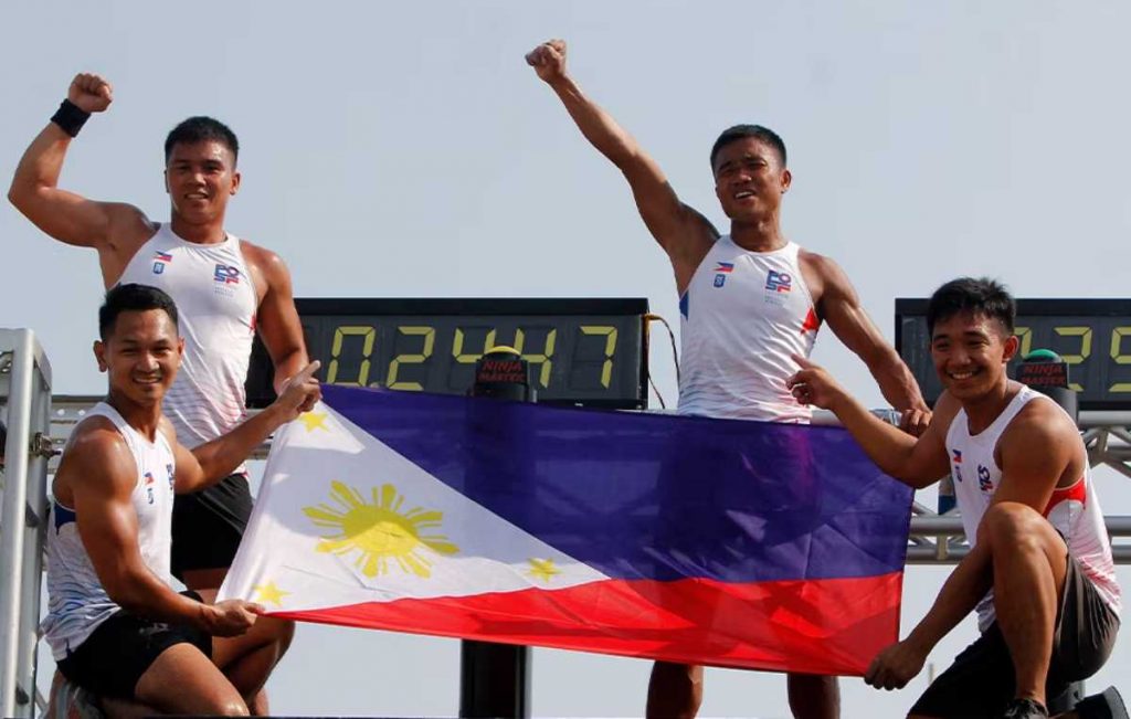 The Philippine men's obstacle race team celebrates after winning gold in the 32nd Southeast Asian Games in Cambodia. (POC/PSC Media photo)