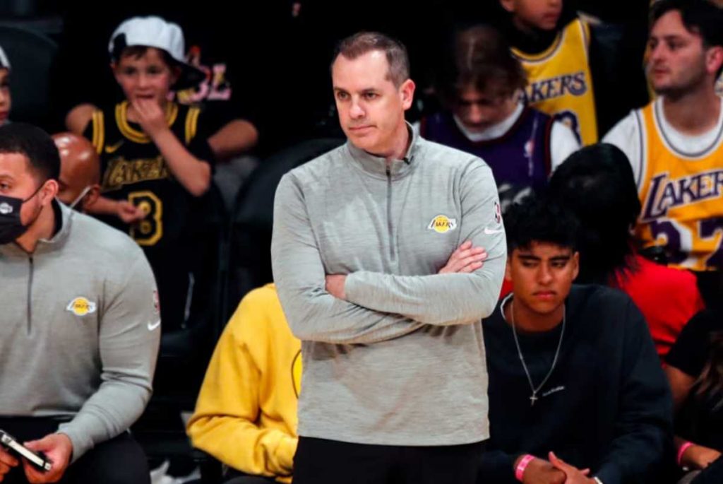 Los Angeles Lakers head coach Frank Vogel reacts during the second quarter of the NBA basketball game between the Los Angeles Lakers and the Philadelphia 76ers at the Crypto.com Arena in Los Angeles, California on March 23, 2022. (Etienne Laurent / EPA-EFE / File photo)