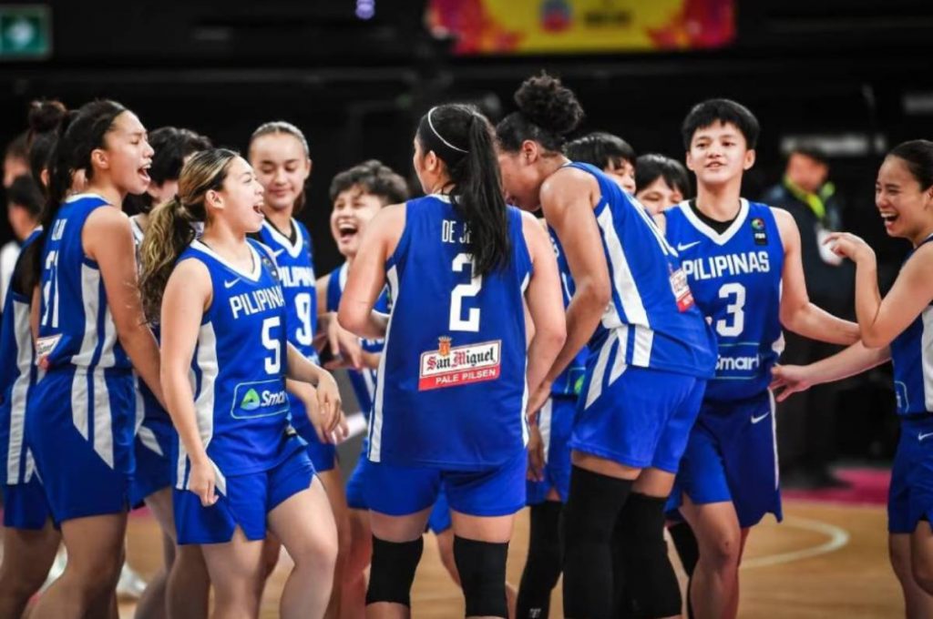 The Gilas Pilipinas Women celebrate after their breakthrough win over Chinese Taipei in the FIBA Women's Asia Cup 2023 in Sydney, Australia. (FIBA Asia photo)