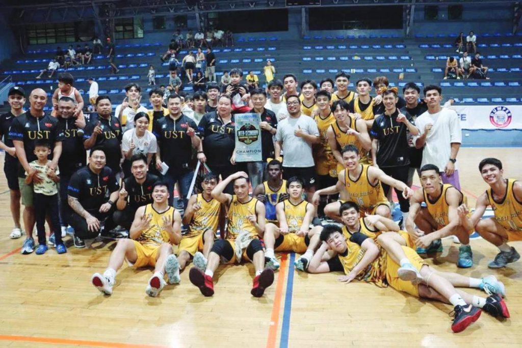 University of Santo Tomas Tiger Cubs celebrate their 2023 Ballout Sports Inter-Secondary Champions Challenge championship. (Photo courUniversity of Santo Tomas Tiger Cubs celebrate their 2023 Ballout Sports Inter-Secondary Champions Challenge championship. (Photo courtesy of Jarvis Co)tesy of Jarvis Co)