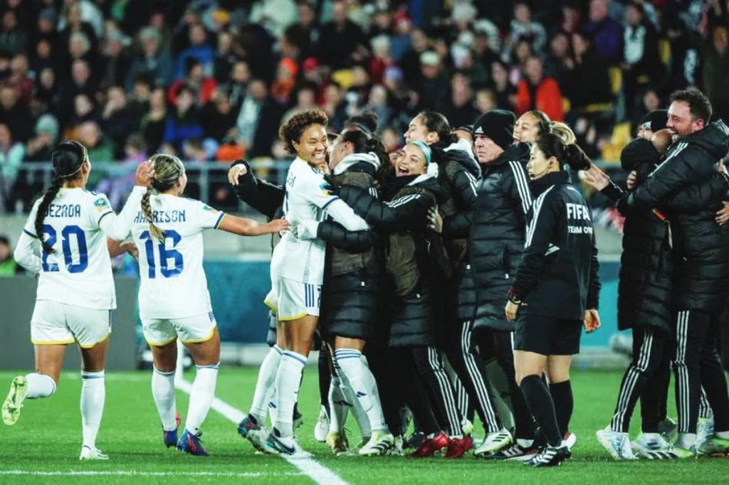 Philippines' forward #7 Sarina Bolden (third from left) celebrates scoring her team's first goal during the Australia and New Zealand 2023 Women's World Cup Group A football match between New Zealand and the Philippines at Wellington Stadium, also known as Sky Stadium, on July 25, 2023. (Marty Melville / AFP photo)