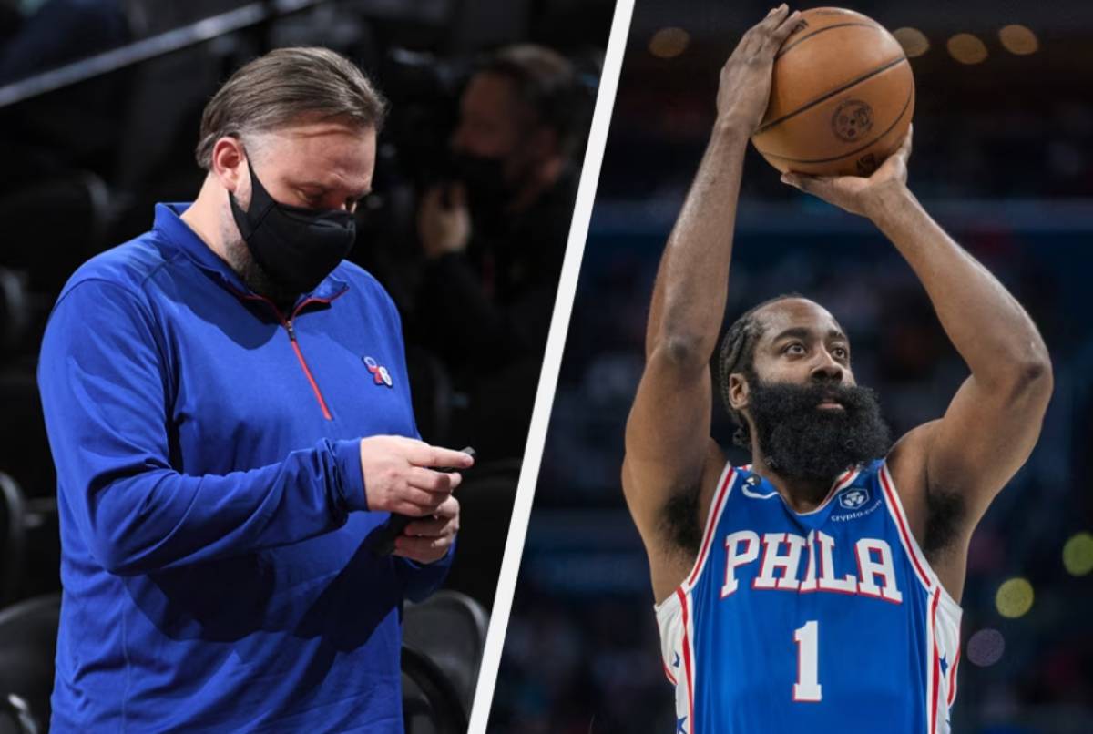 President of Basketball Operations Daryl Morey of the Philadelphia 76ers and James Harden (Garrett Ellwood / NBAE via Getty Images / AFP and Shawn Thew / EPA-EFE photo)