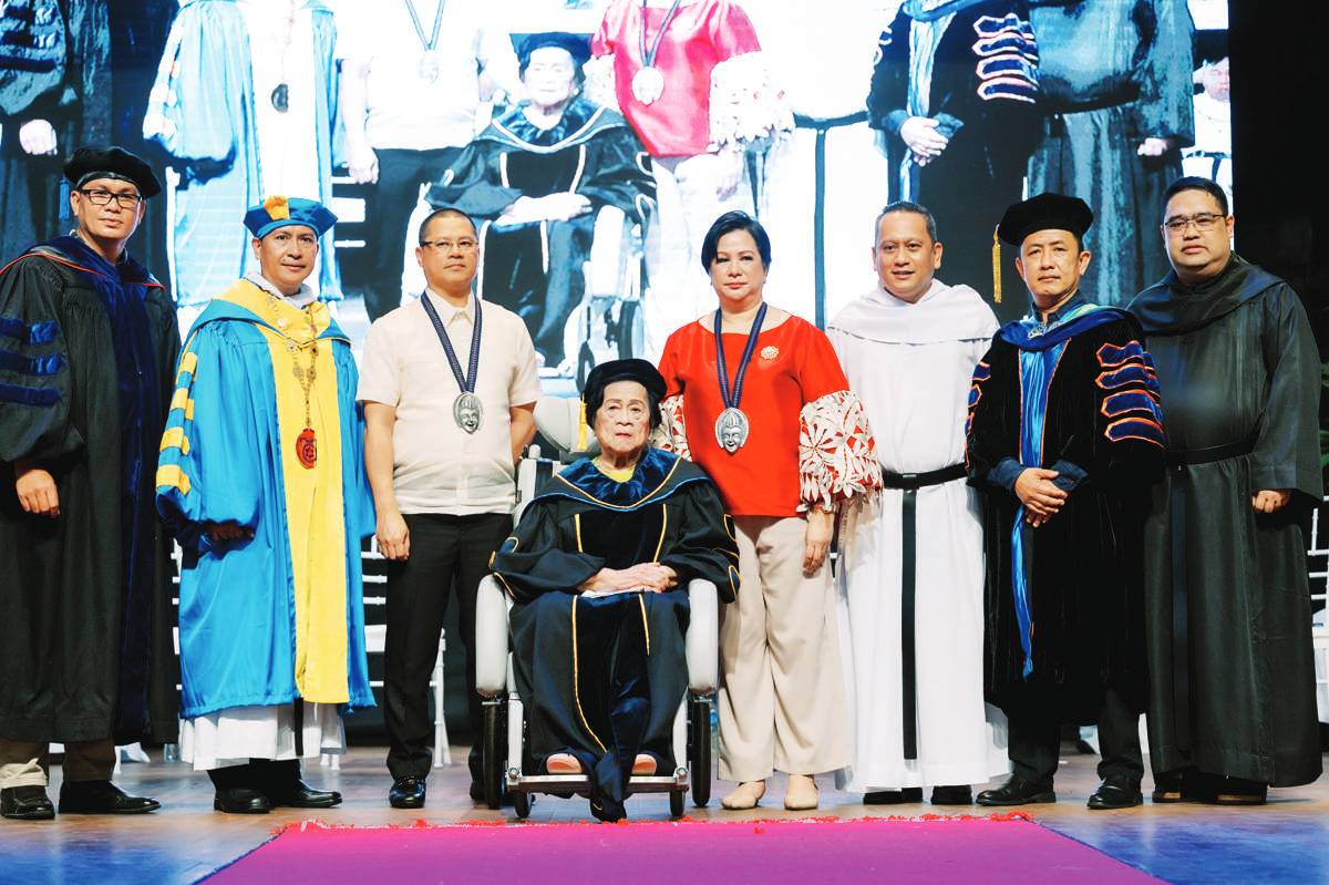 Dr. Olivia Villaflores Yanson (seated) was conferred an Honorary Degree of Doctor of Philosophy in Business Management by the University of Negros Occidental-Recoletos (UNO-R) Bacolod on August 30, 2023. With her were her son Leo Rey Yanson (third from left) and daughter Ginette Yanson Dumancas (fifth from left). Also present during the conferment were UNO-R Bacolod President Rev. Fr. Joel Alve, OAR (second from left); Dr. Dennis Madrigal (leftmost), dean of the Recoletos de Bacolod Graduate School; Rev. Fr. Romeo Ben Potencio Jr., OAR, (third from right) Vice President for Academics and Research; Commission on Higher Education Region 6 Director Raul Alvarez (second from right); and Rev. Fr. Rafael B. Pecson (rightmost), OAR Councilor and President of the Recoletos Educational Apostolate in the Philippines and Vice Chair of UNO-R Inc. Board of Trustees.