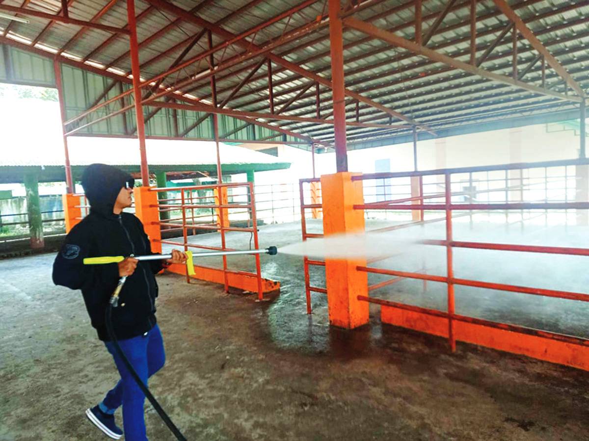 A member of a decontamination team disinfects a slaughterhouse in Negros Occidental’s Moises Padilla town to control the spread of African swine fever and hog cholera on August 18, 2023. The accumulated hog mortalities remained at 17,801, or 9.83 percent of the province’s total hog population, the Provincial Veterinary Office says. (PVO photo)