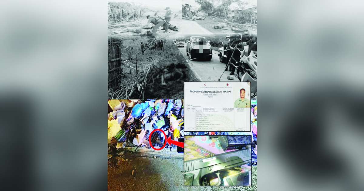 A caliber .45 pistol (encircled) issued to the late Sergeant Regie Glindro (inset) was recovered after an encounter with six alleged New People’s Army (NPA) members in Negros Occidental’s Kabankalan City on September 21, 2023. Glindro was one of the two Army personnel who were summarily executed by the NPA in Sipalay City’s Barangay Camindangan in November 2022, the 47th Infantry Battalion says. (47IB photo)  