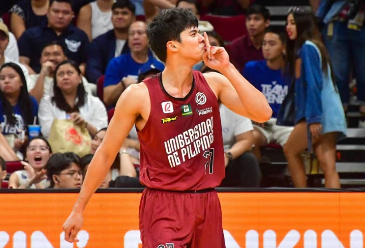 University of the Philippines Fighting Maroons veteran CJ Cansino puts up a finger to shush the crowd during their first-round game in the UAAP Season 86 men's basketball tournament at the Mall of Asia Arena on Sunday, October 22, 2023. (Mark Demayo / ABS-CBN News photo)