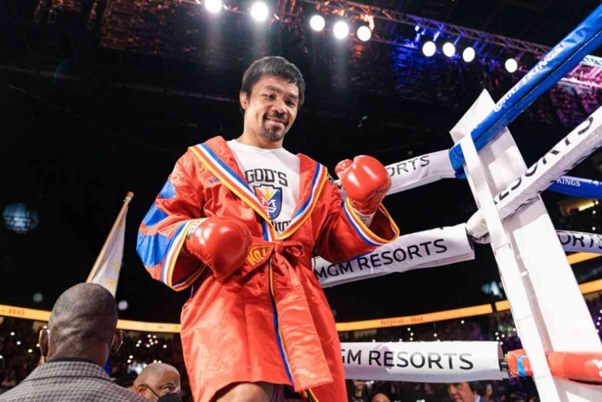 Manny Pacquiao during his match against Yordenis Ugas in 2021. The universality rule might not work for the boxing legend as it is reserved for countries that have a tough time qualifying for an Olympic spot, a sports analyst says. (Ryan Hafey / PBC photo)