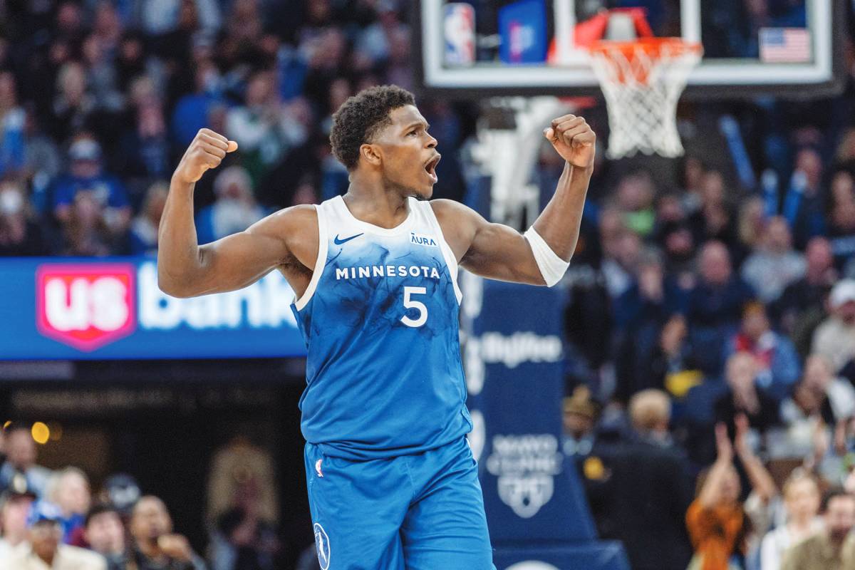 Minnesota Timberwolves guard Anthony Edwards celebrates after making a shot against the Los Angeles Lakers. (Jesse Johnson / Reuters photo)