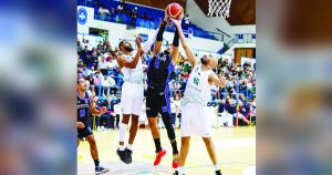 Strong Group Athletics-Philippines' Andre Roberson attempts a shot against two Al-Ahli Tripoli defenders. (UAE Basketball Association photo) 