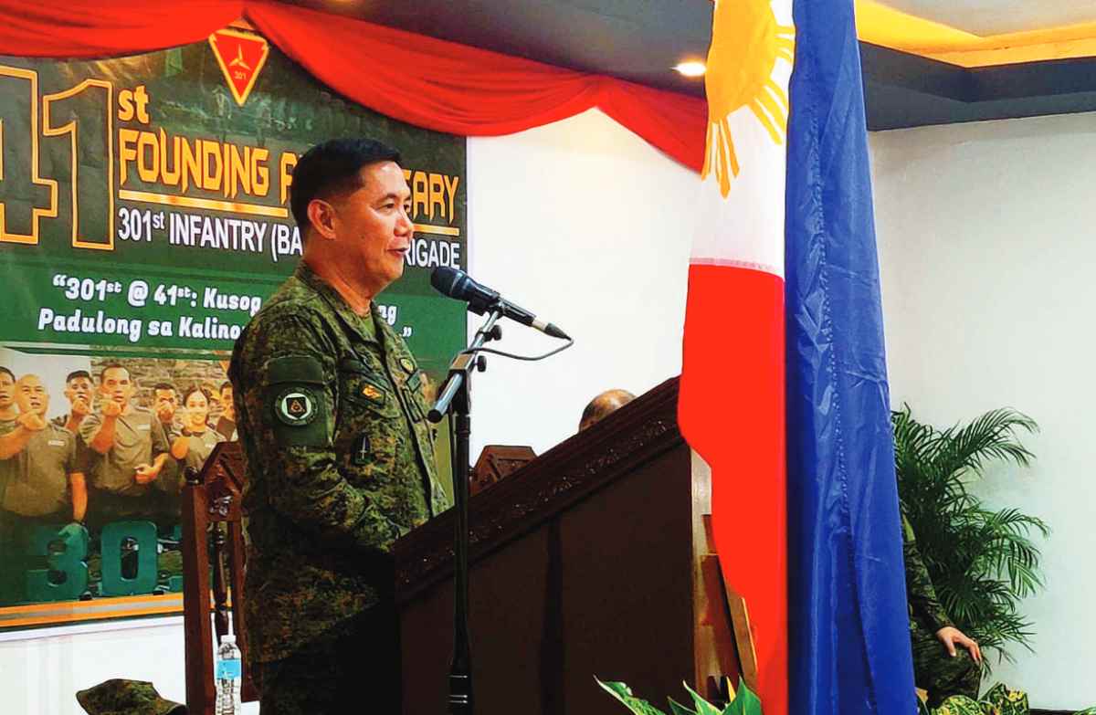 Brigadier General Michael Samson, commander of the 301st Infantry Brigade, commends the effort of soldiers and various government agencies in addressing the insurgency situation in Panay Island, during the 301st Infantry “Bayanihan” Brigade’s 41st founding anniversary celebration recently. (PIA Iloilo photo)