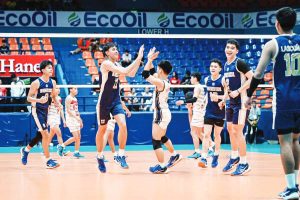 The National University-Nazareth School Bullpups celebrate after scoring against University of the East in Game 1 of the UAAP Season 86 boys' volleyball finals on February 6, 2024 at the FilOil EcoOil Centre in San Juan City. (UAAP Media photo)