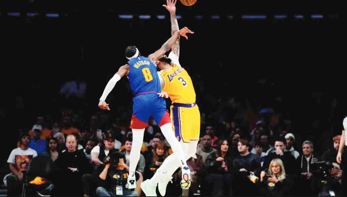 Denver Nuggets forward Peyton Watson (left) fouls Los Angeles Lakers forward Anthony Davis during Game 3 of an NBA first-round playoff series. (Ashley Landis / AP photo)