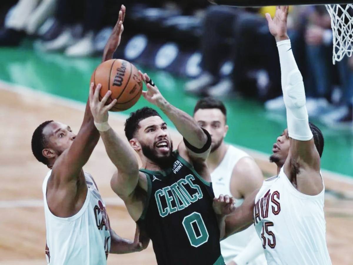 Boston Celtics forward Jayson Tatum drives to the basket against the Cleveland Cavaliers during Game 5 of an NBA second-round playoff series. (Charles Krupa / AP photo)