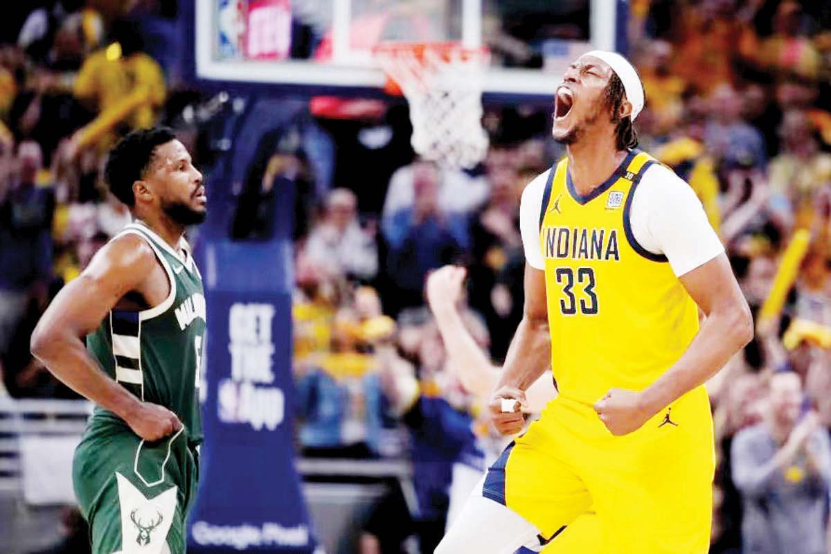 Indiana Pacers' Myles Turner reacts during the second half of the first round NBA playoff series against the Milwaukee Bucks. (Michael Conroy / AP photo)