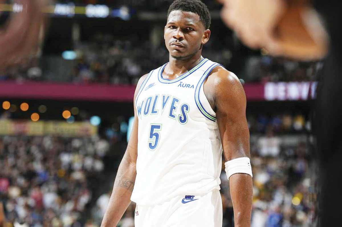 Minnesota Timberwolves guard Anthony Edwards waits for the play to resume in Game 7 of an NBA second-round playoff series against the Denver Nuggets. (David Zalubowski / AP photo) 