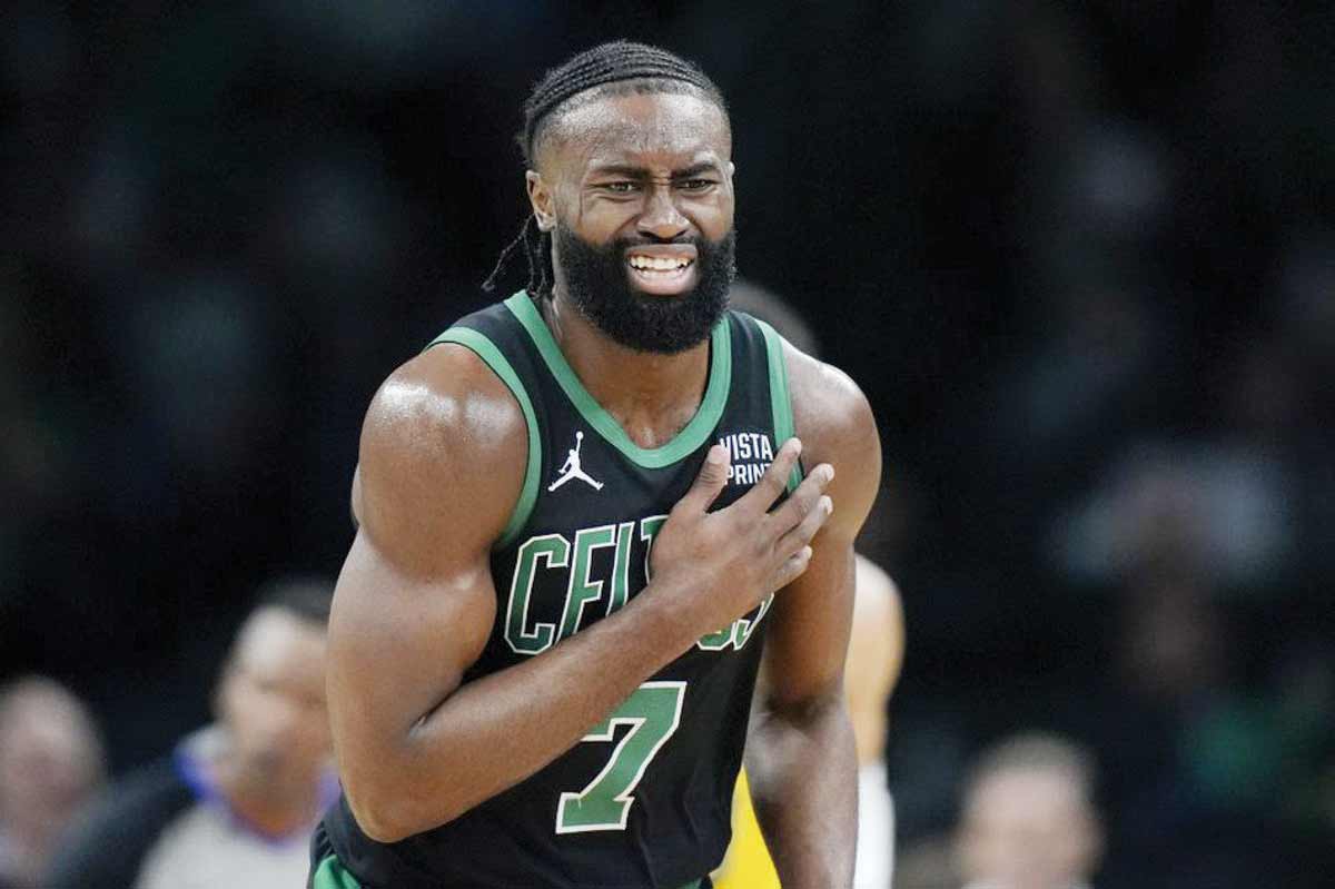 Boston Celtics guard Jaylen Brown reacts on the court during Game 2 of the NBA Eastern Conference finals against the Indiana Pacers. (Steven Senne / AP photo)