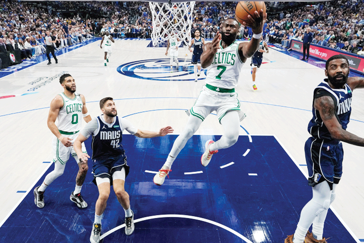 Jaylen Brown of the Boston Celtics attempts a layup in the first quarter against the Dallas Mavericks in Game 3 of the 2024 NBA finals. (Peter Casey / Pool / Getty Images / AFP photo)  