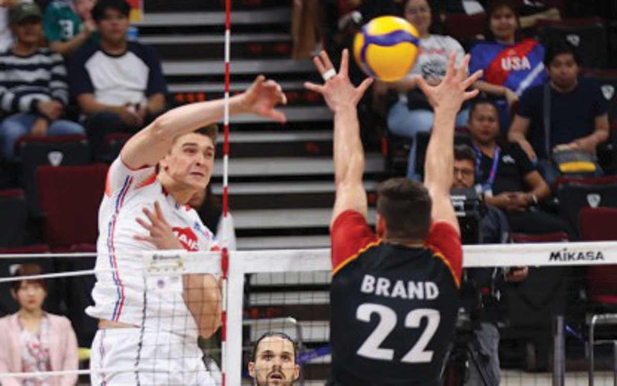Theo Faure of France (left) against Tobias Brand of Germany in a file photo of the Men's Volleyball Nations League. Faure scored 29 points as France ended its Week 3-Manila stint at Mall of Asia Arena in Pasay City on Sunday, June 23, 2024, with a 25-23, 27-29, 13-25, 25-19, 18-16 win over Brazil. (VNL photo)