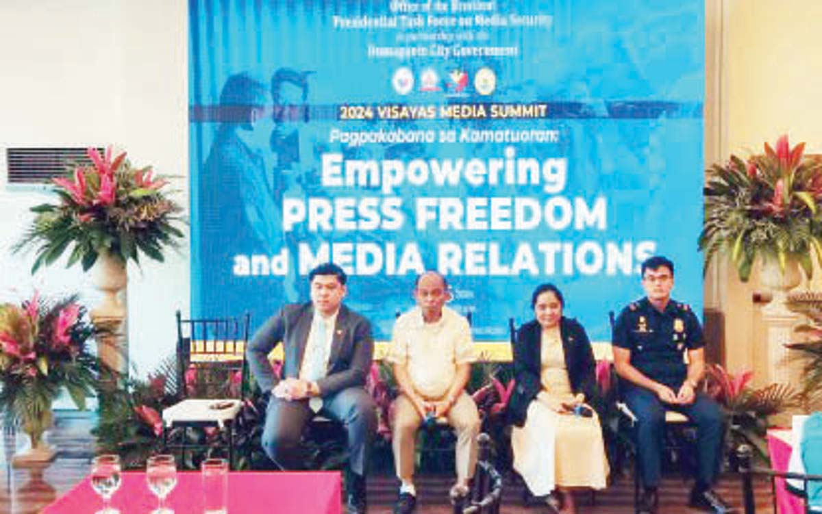 Undersecretary Paul Gutierrez, executive director of the Presidential Task Force on Media Security (second from left), takes questions from the floor during the 2024 Visayas Media Summit in Dumaguete City yesterday, July 26, 2024. The summit, initiated by PTFoMS and the local government of Dumaguete City, was attended by 100 media practitioners and public information officers in Negros Oriental. (PNA photo)