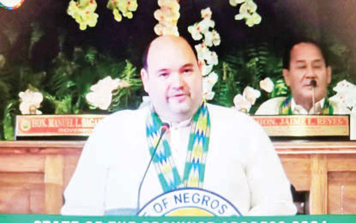 Negros Oriental Governor Manuel Sagarbarria reports to the province the significant gains of his administration during his first State of the Province Address at the Negros Oriental Convention Center on Monday, August 5, 2024. Sagarbarria was elevated to the highest position in the province after two governors ahead of him died last year. (Province of Negros Oriental / Facebook livestream screengrab)