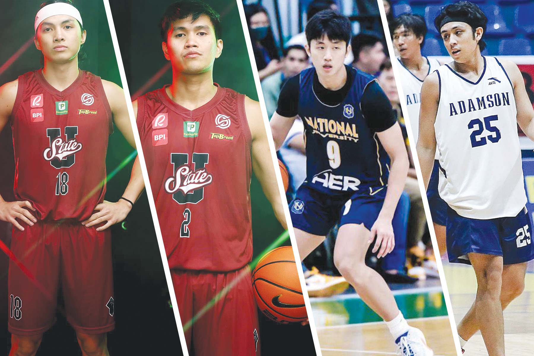 (From left) Negrenses Harold Alarcon and Reyland Torres of the University of the Philippines Fighting Maroons, Donn Lim of the National University Bulldogs, and Kenji Cañete of the Adamson University Falcons are the four Negros Occidental-based players suiting up in the UAAP Season 87. (Cignal TV / Angela Davocol photos) 