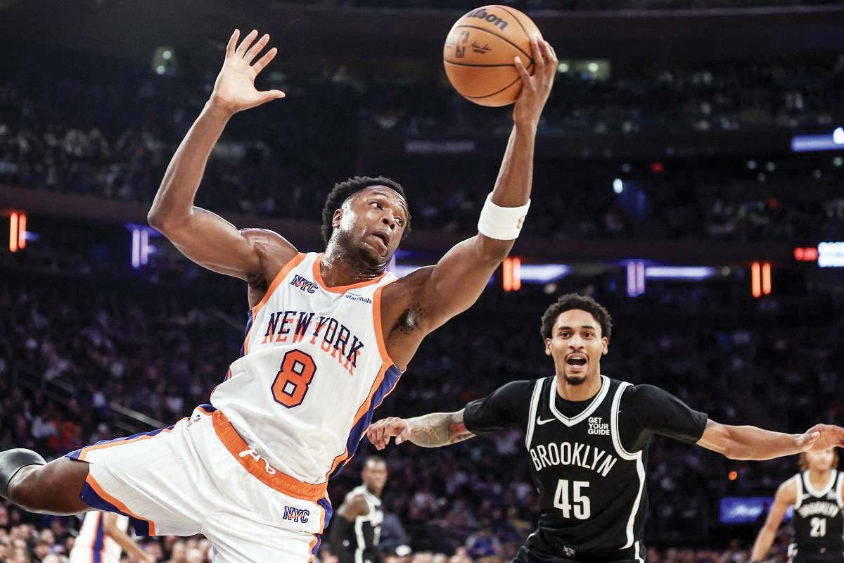 New York Knicks forward OG Anunoby grabs a rebound against the Brooklyn Nets. (Wendell Cruz-Imagn Images via Reuters photo)