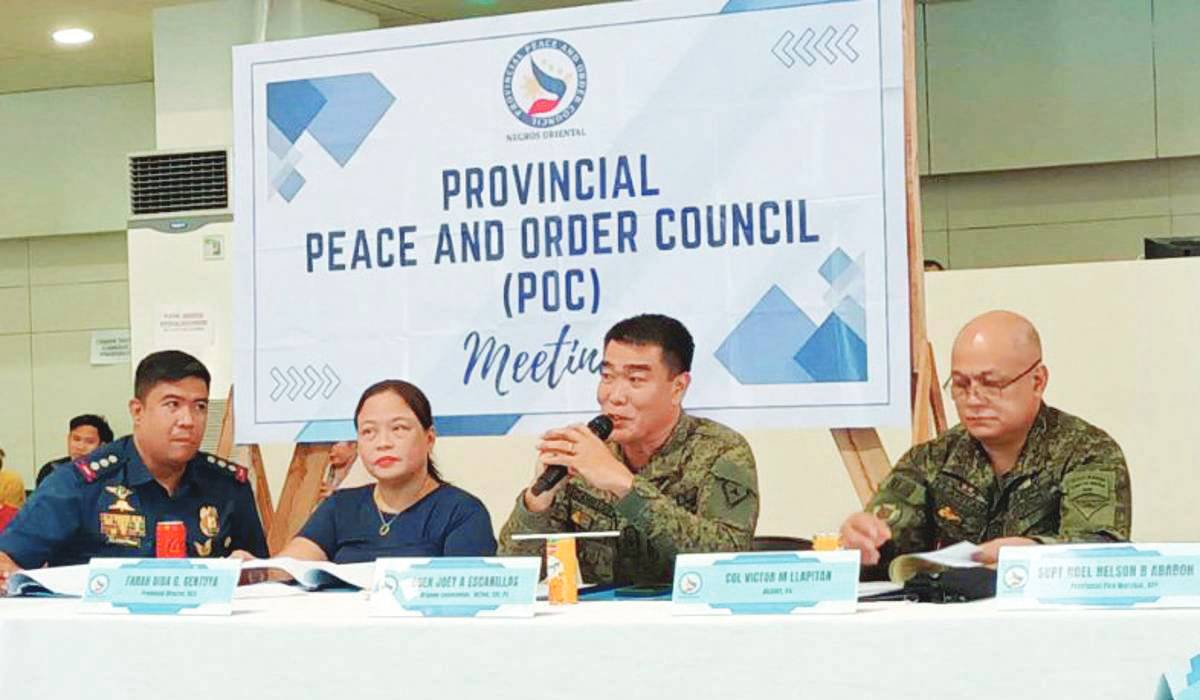 Brigadier General Joey Escanillas (third from left) moves to declare a Stable Internal Peace and Security status in Negros Oriental during the Provincial Peace and Order Meeting on May 6, 2024 at the Negros Oriental Provincial Convention Center in Dumaguete City. (PIA-7 Negros Oriental photo)