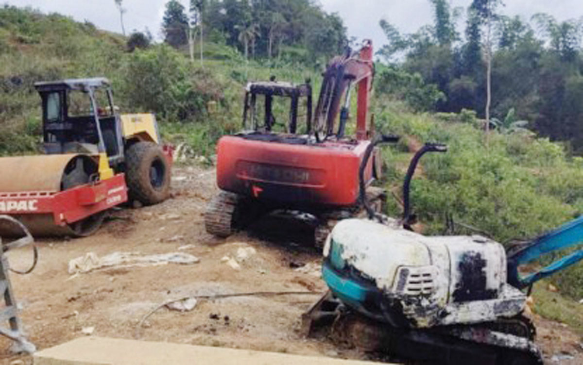 The heavy equipment burned by communist rebels in Barangay Aya, La Libertad, Negros Oriental on February 8, 2025. The Commission on Elections-Negros Island Region says due to the incident, La Libertad became the second area in Negros Oriental after Guihulngan City to be placed under red category for the May 12 midterm elections. (Contributed photo)