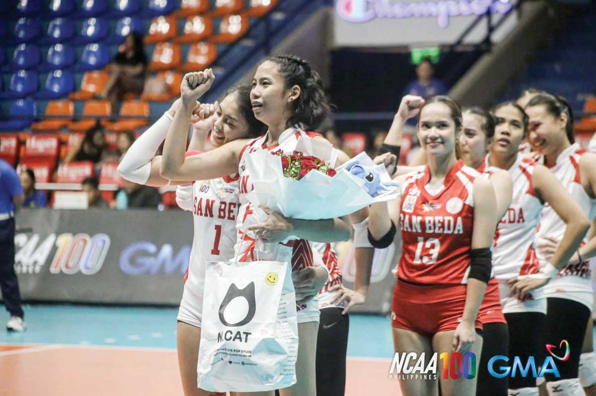 Negrense Reyann Cañete weeps as she concludes her collegiate career with the San Beda University Lady Red Spikers. (NCAA / GMA Sports photo)