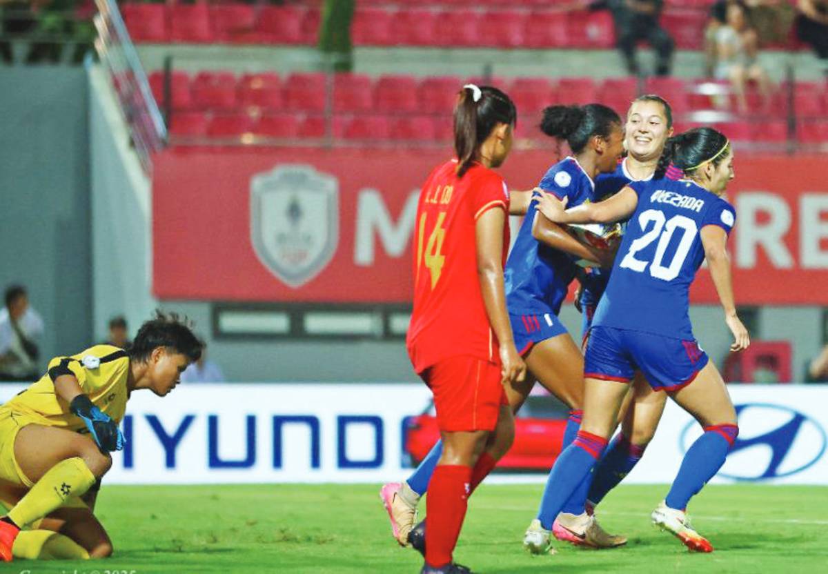 The Filipinas celebrate after Nina Mathelus scores against Myanmar in the 2025 MSIG Serenity Cup at the Lach Tray Stadium in Vietnam on Wednesday, August 13, 2025. (PFF-PWNFT Media photo)