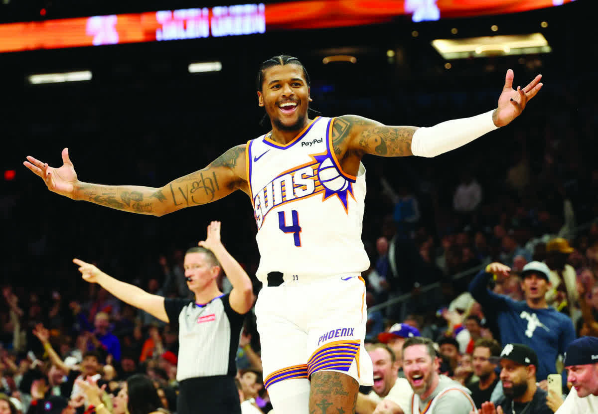 Phoenix Suns guard Jalen Green celebrates a three-point shot against the Los Angeles Clippers. (Mark J. Rebilas / Imagn Images / Reuters)