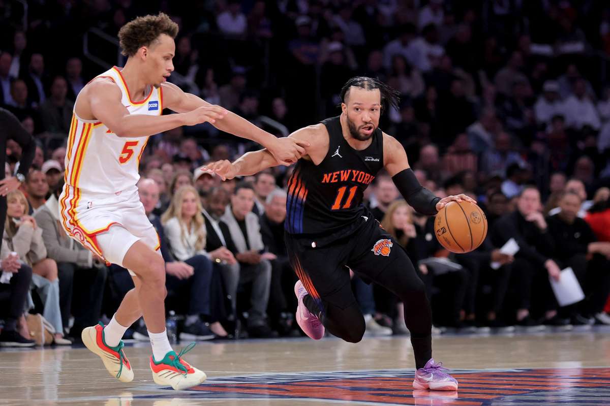 Jalen Brunson (right) controls the ball against Dyson Daniels during Game 5 of the 2026 NBA playoffs. (Brad Penner / Imagn Images / Reuters)