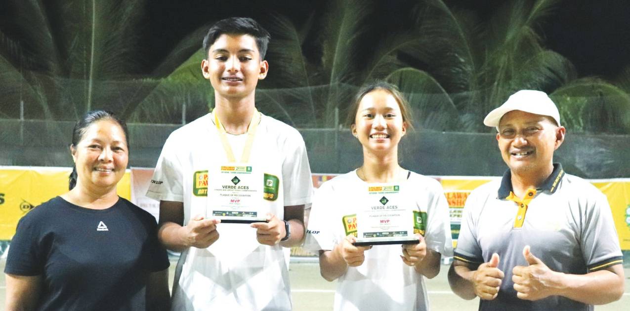 Kathlyn Bugna (second from right) and Matthew Morris (second from left) hold their trophies alongside Verde Aces tennis courts owners Jing Alipo-on and Don Alipo-on. (Contributed photo)