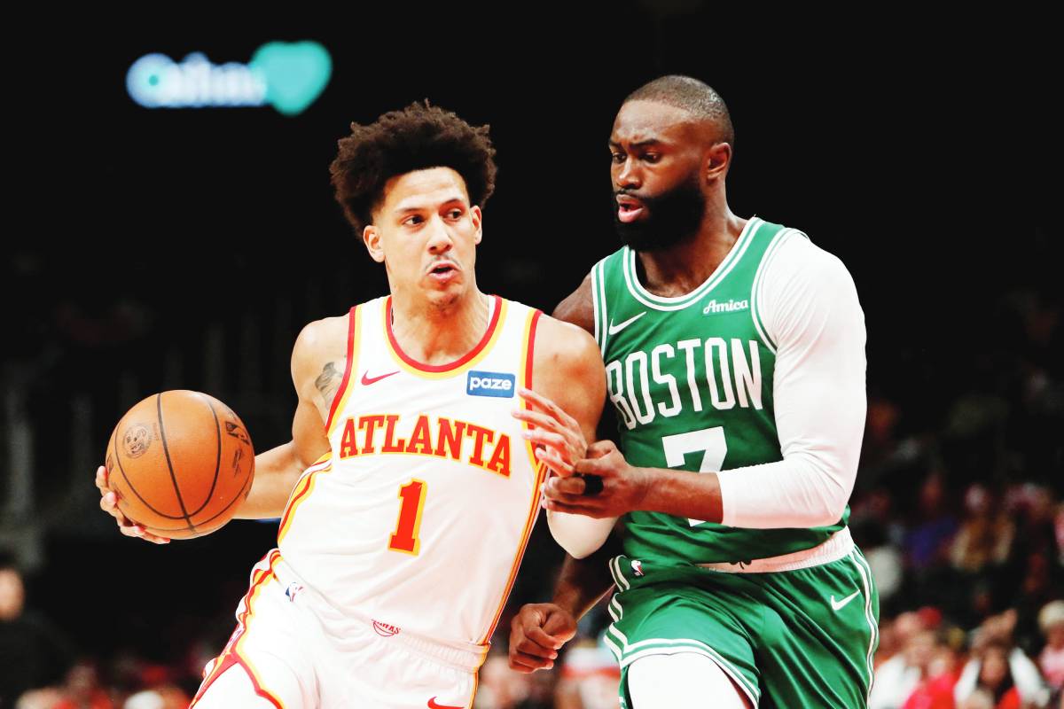 Atlanta Hawks forward Jalen Johnson (left) works past Boston Celtics guard Jaylen Brown in the second half. (Mady Mertens / Imagn Images)