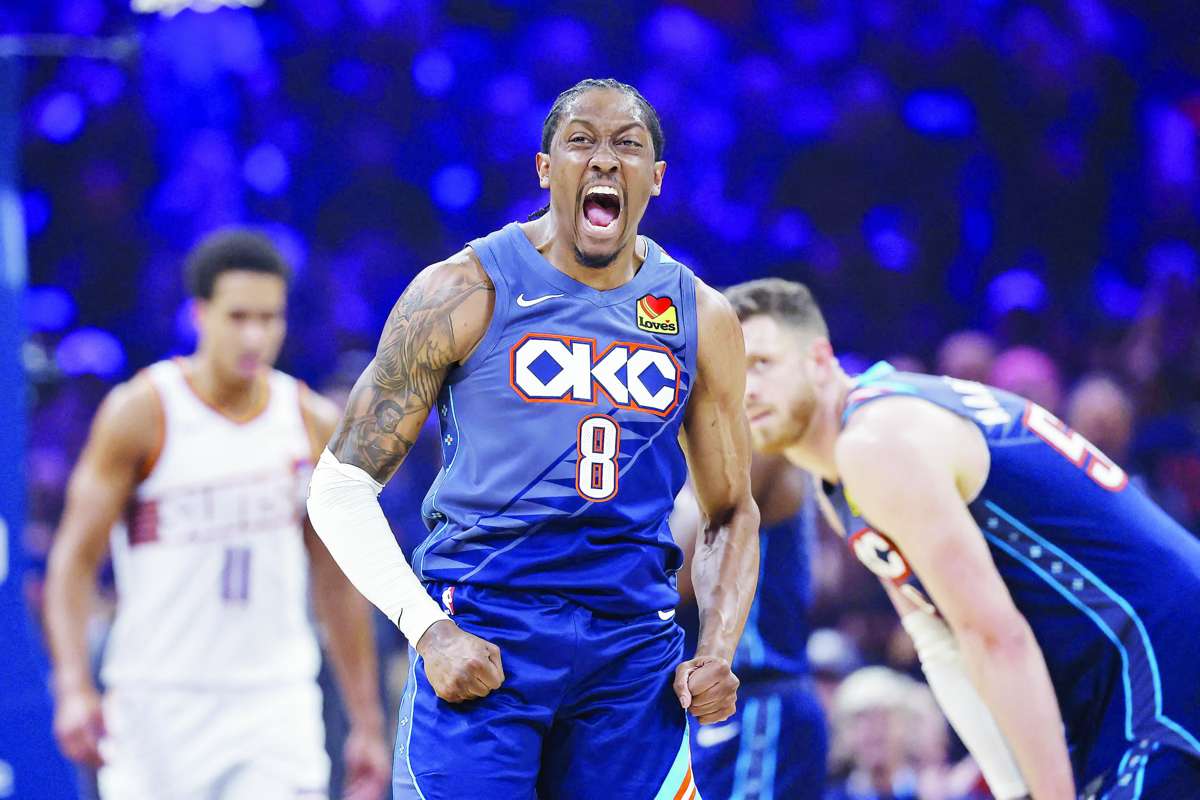 Oklahoma City Thunder guard Jalen Williams screams after dunking against the Phoenix Suns. (Alonzo Adams / Imagn Images / Reuters)