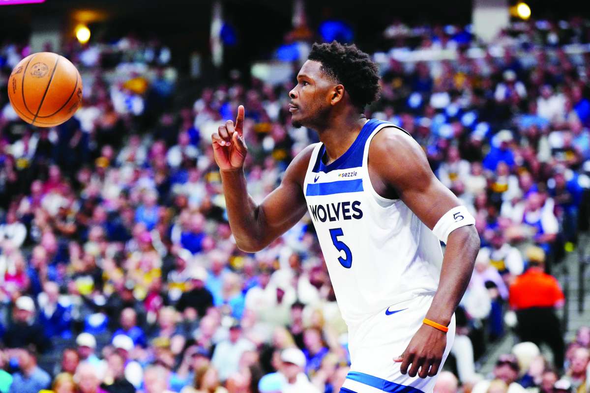 Minnesota Timberwolves guard Anthony Edwards calls for a replay in the first half against the Denver Nuggets during Game 2 of the 2026 NBA Playoffs. (Ron Chenoy / Imagn Images / Reuters)