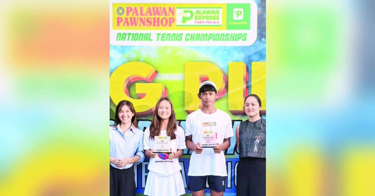 Kathlyn Bugna (second from left) beams with other players after completing another three-title romp at the Bagong Pilipinas Age-Group Tennis Championships. (Contributed photo)